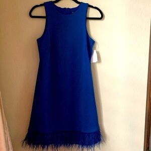 Taylor polyester blue midi feather trim dress
